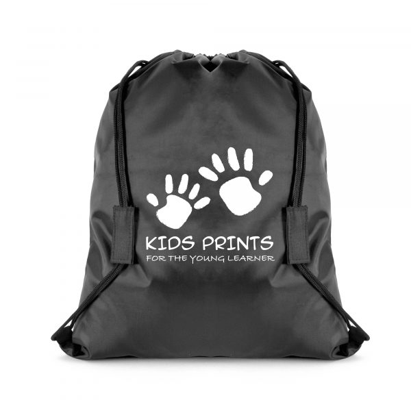 210D polyester drawstring bag with black string shoulder straps with built in Velcro safety breaks. Available in 3 colours.