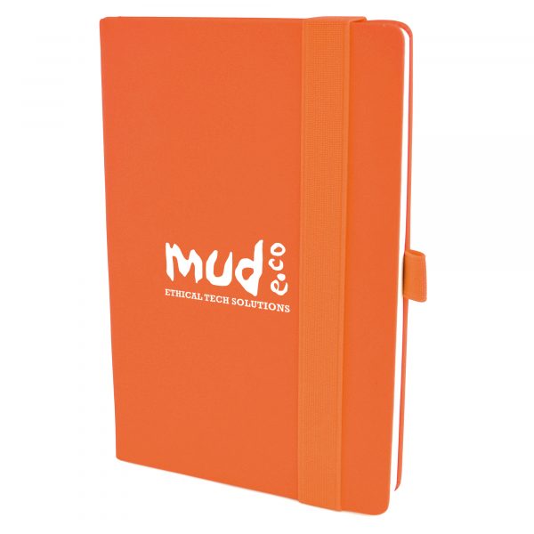 A5 PU soft finish 160 sheet lined notepad with bookmark, back pocket, pen loop and elasticated close.