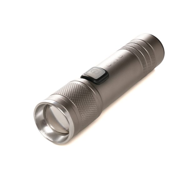 This compact LED torch features a durable aluminium body, two brightness settings, and a USB-C charging port. It includes a USB-C to USB cable for easy recharging, making it a reliable, on-the-go lighting solution.