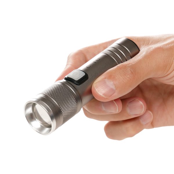 This compact LED torch features a durable aluminium body, two brightness settings, and a USB-C charging port. It includes a USB-C to USB cable for easy recharging, making it a reliable, on-the-go lighting solution.