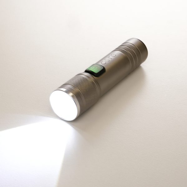 This compact LED torch features a durable aluminium body, two brightness settings, and a USB-C charging port. It includes a USB-C to USB cable for easy recharging, making it a reliable, on-the-go lighting solution.