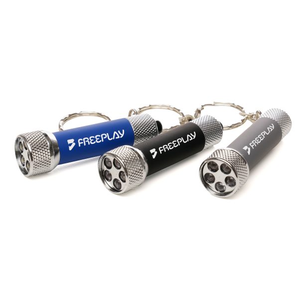 Compact and reliable, this softfeel 5 LED keyring torch features a recycled ABS torch head and rear cap, aluminium keychain with split ring, and a softfeel body with modulator tube. Batteries are included for immediate use.