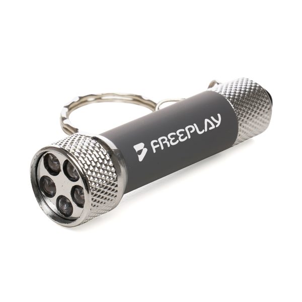 Compact and reliable, this softfeel 5 LED keyring torch features a recycled ABS torch head and rear cap, aluminium keychain with split ring, and a softfeel body with modulator tube. Batteries are included for immediate use.