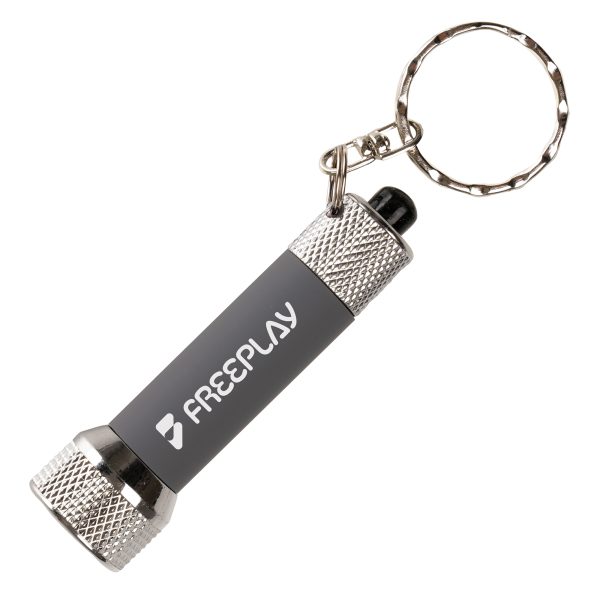 Compact and reliable, this softfeel 5 LED keyring torch features a recycled ABS torch head and rear cap, aluminium keychain with split ring, and a softfeel body with modulator tube. Batteries are included for immediate use.