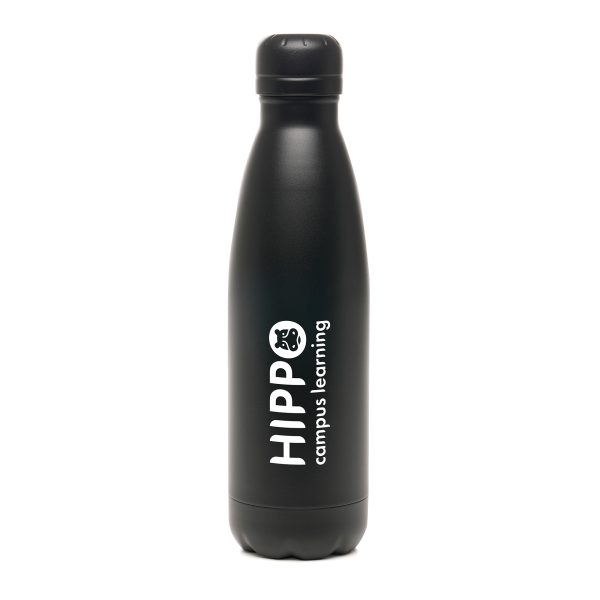 500ml double walled matt stainless steel drinks bottle with matching coloured screw top lid. BPA & PVC free.