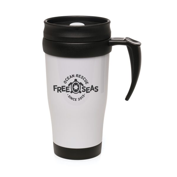 This 400ml Double Walled Recycled PP plastic Travel Mug features a black recycled PP plastic inner, a secure screw-on lid, and a matching recycled AS plastic sliding sipper. BPA and PVC-free, it's durable, convenient, and perfect for on-the-go use. Ideal for daily activities and outdoor adventures.