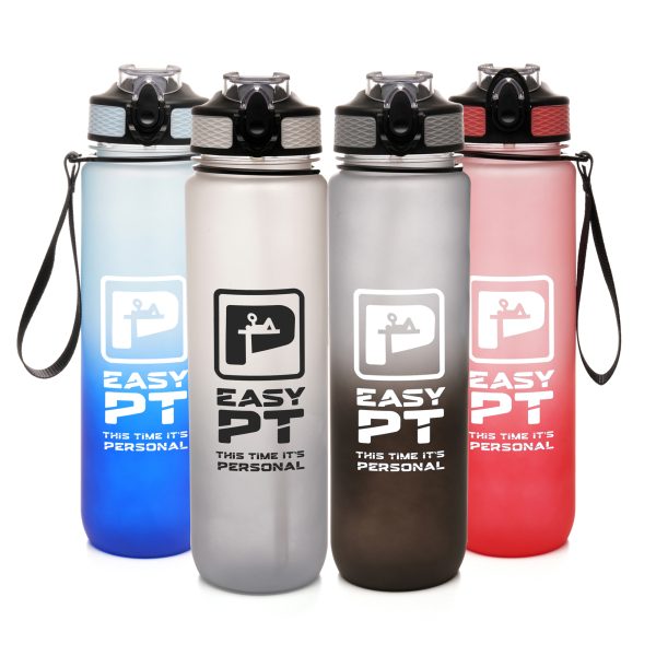 1-Litre water drinking bottle featuring a stylish ombre two-tone fading effect. Made from recycled PET (RPET) with a recycled polypropylene lid and straw, this eco-friendly bottle includes a fold-down push-button sipper and lanyard handle.