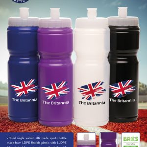 750ml single walled, UK made sports bottle made from LDPE flexible plastic, with LLDPE lid and double suction sipper. Available with translucent lid and body or coloured body. The perfect companion for long walks, outdoor activities, sport clubs and more. BPA & PVC free.