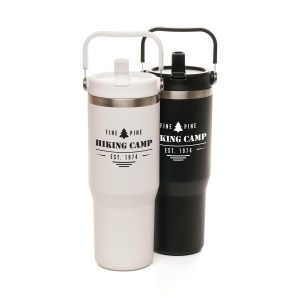 900ml double walled, recycled stainless steel travel mug featuring recycled PP fold down sipper and matching lid. With a convenient matching plastic, bucket handle to carry on the go, scuff-resistant powder coated finish and foam bottom pad to keep stable. BPA & PVC free.