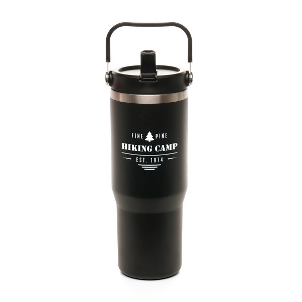 900ml double walled, recycled stainless steel travel mug featuring recycled PP fold down sipper and matching lid. With a convenient matching plastic, bucket handle to carry on the go, scuff-resistant powder coated finish and foam bottom pad to keep stable. BPA & PVC free.