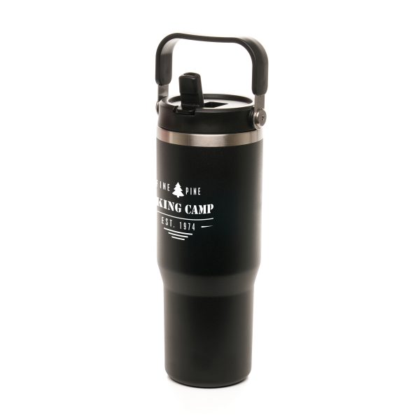 900ml double walled, recycled stainless steel travel mug featuring recycled PP fold down sipper and matching lid. With a convenient matching plastic, bucket handle to carry on the go, scuff-resistant powder coated finish and foam bottom pad to keep stable. BPA & PVC free.