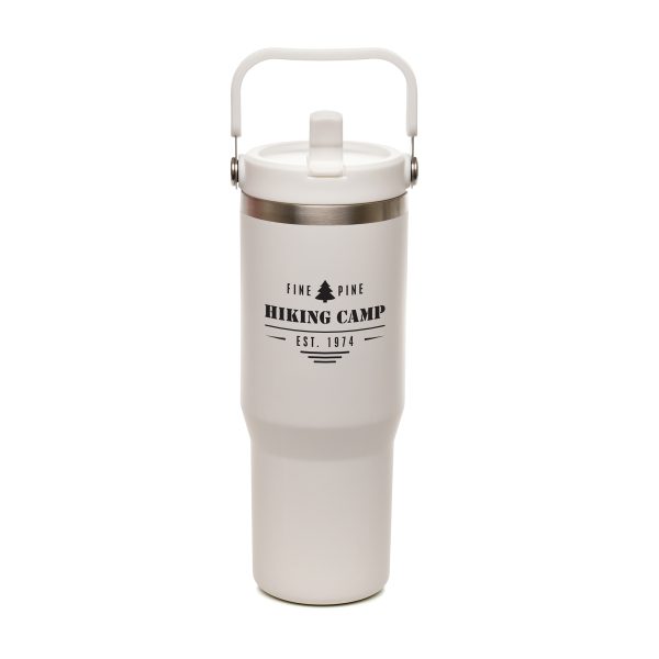 900ml double walled, recycled stainless steel travel mug featuring recycled PP fold down sipper and matching lid. With a convenient matching plastic, bucket handle to carry on the go, scuff-resistant powder coated finish and foam bottom pad to keep stable. BPA & PVC free.