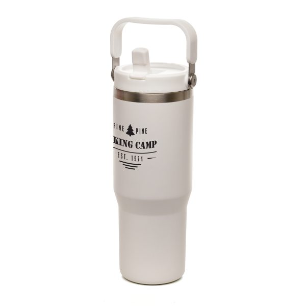 900ml double walled, recycled stainless steel travel mug featuring recycled PP fold down sipper and matching lid. With a convenient matching plastic, bucket handle to carry on the go, scuff-resistant powder coated finish and foam bottom pad to keep stable. BPA & PVC free.