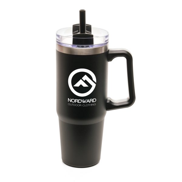 900ml double walled, recycled stainless steel travel mug with built in recycled PP handle, EVA foam bottom pad and a powder coated finish. Featuring a clear lid, recycled PP plastic coloured slider, RPE coloured straw and silicone seal. BPA & PVC free.