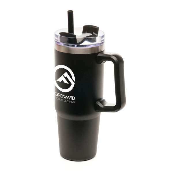 900ml double walled, recycled stainless steel travel mug with built in recycled PP handle, EVA foam bottom pad and a powder coated finish. Featuring a clear lid, recycled PP plastic coloured slider, RPE coloured straw and silicone seal. BPA & PVC free.