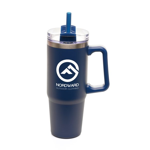 900ml double walled, recycled stainless steel travel mug with built in recycled PP handle, EVA foam bottom pad and a powder coated finish. Featuring a clear lid, recycled PP plastic coloured slider, RPE coloured straw and silicone seal. BPA & PVC free.