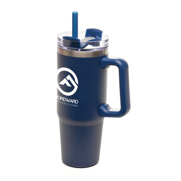 900ml double walled, recycled stainless steel travel mug with built in recycled PP handle, EVA foam bottom pad and a powder coated finish. Featuring a clear lid, recycled PP plastic coloured slider, RPE coloured straw and silicone seal. BPA & PVC free.