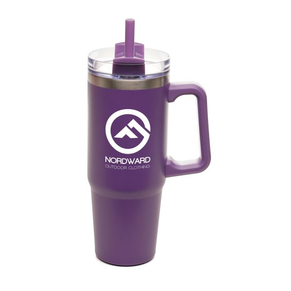 900ml double walled, recycled stainless steel travel mug with built in recycled PP handle, EVA foam bottom pad and a powder coated finish. Featuring a clear lid, recycled PP plastic coloured slider, RPE coloured straw and silicone seal. BPA & PVC free.