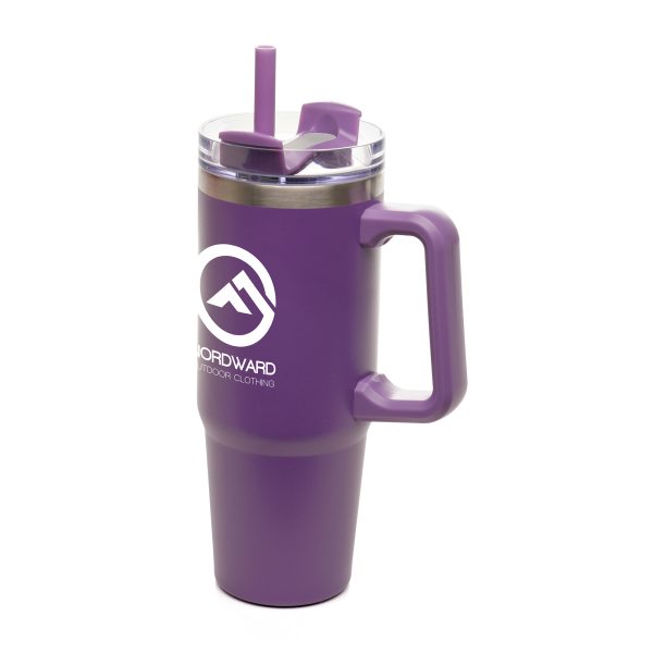 900ml double walled, recycled stainless steel travel mug with built in recycled PP handle, EVA foam bottom pad and a powder coated finish. Featuring a clear lid, recycled PP plastic coloured slider, RPE coloured straw and silicone seal. BPA & PVC free.