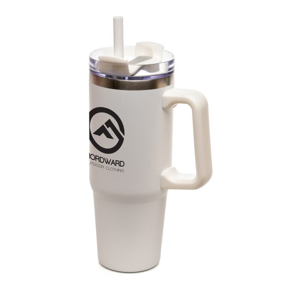 900ml double walled, recycled stainless steel travel mug with built in recycled PP handle, EVA foam bottom pad and a powder coated finish. Featuring a clear lid, recycled PP plastic coloured slider, RPE coloured straw and silicone seal. BPA & PVC free.