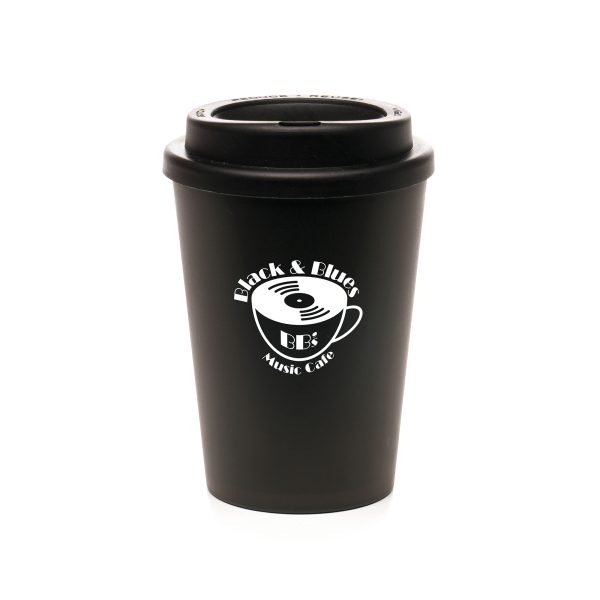 356ml double walled, PP plastic black powder coated take out style coffee mug with PP plastic screw top lid, sipper and silicone seal ring to keep the lid secure. Available in black. BPA & PVC free.