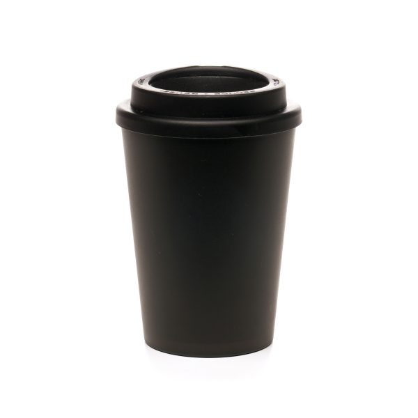 356ml double walled, PP plastic black powder coated take out style coffee mug with PP plastic screw top lid, sipper and silicone seal ring to keep the lid secure. Available in black. BPA & PVC free.