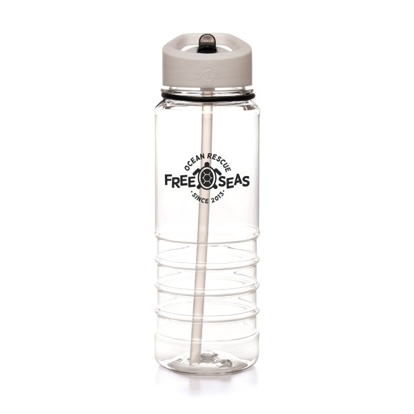 OBP certified (Ocean Bound Plastic) 750ml single walled, transparent made from 98% recycled ocean bound plastic with straw, lid with handle, ring and fold down sipper all made from Ocean Bound Plastic. The bottom half of the bottle is ridged for ease of grip. BPA & PVC free.