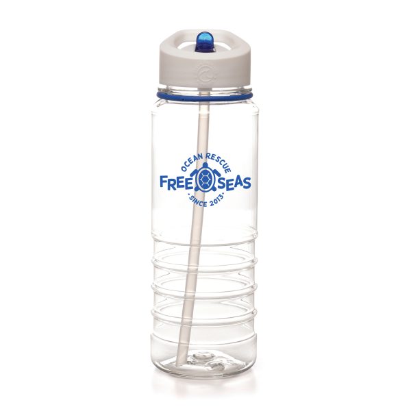 OBP certified (Ocean Bound Plastic) 750ml single walled, transparent made from 98% recycled ocean bound plastic with straw, lid with handle, ring and fold down sipper all made from Ocean Bound Plastic. The bottom half of the bottle is ridged for ease of grip. BPA & PVC free.