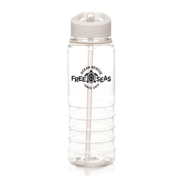 OBP certified (Ocean Bound Plastic) 750ml single walled, transparent made from 98% recycled ocean bound plastic with straw, lid with handle, ring and fold down sipper all made from Ocean Bound Plastic. The bottom half of the bottle is ridged for ease of grip. BPA & PVC free.