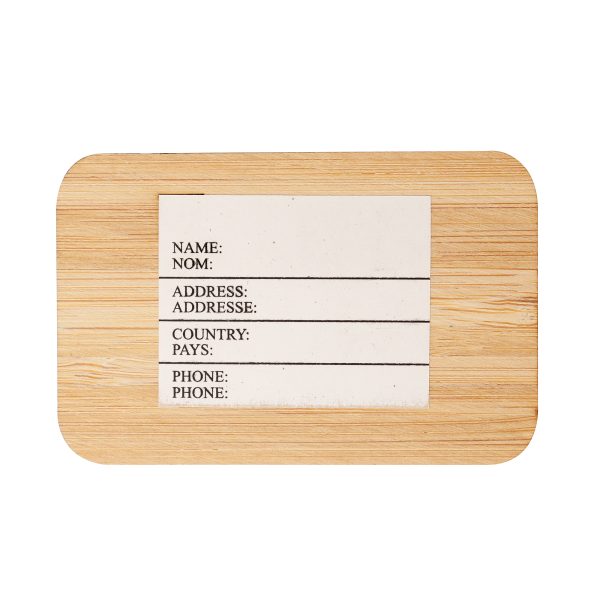 This luggage tag is made from a recycled bamboo body with a paper information sticker and silicone cover. It features a string tie for easy attachment to your bags, helping you keep your belongings secure while on the go.