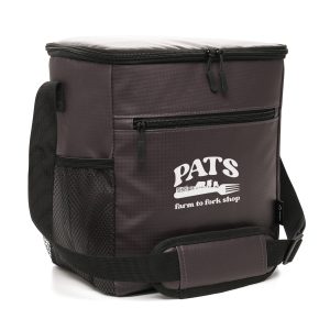 Large RPET cooler bag with an adjustable padded shoulder strap, mesh side pocket and front zip up compartment with a pre-printed RPET label. Made with RPET recycled plastic materials that can be repurposed.