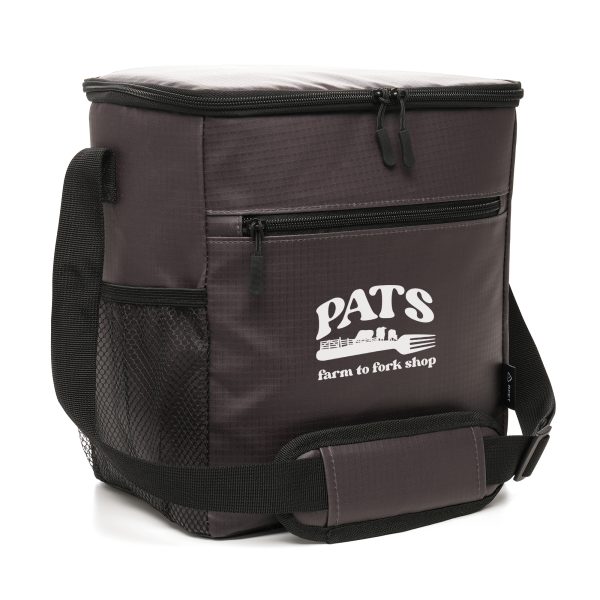 Large RPET cooler bag with an adjustable padded shoulder strap, mesh side pocket and front zip up compartment with a pre-printed RPET label. Made with RPET recycled plastic materials that can be repurposed.