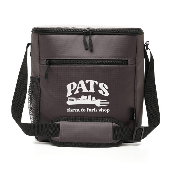 Large RPET cooler bag with an adjustable padded shoulder strap, mesh side pocket and front zip up compartment with a pre-printed RPET label. Made with RPET recycled plastic materials that can be repurposed.