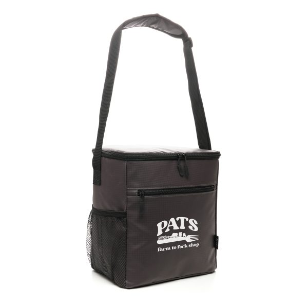 Large RPET cooler bag with an adjustable padded shoulder strap, mesh side pocket and front zip up compartment with a pre-printed RPET label. Made with RPET recycled plastic materials that can be repurposed.