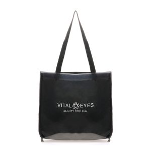 Durable and stylish transparent fabric shopper, constructed from a blend of polyester and Thermoplastic Polyurethane (TPU). This transparent bag is water-resistant, with a black polyester backing that enhances style.