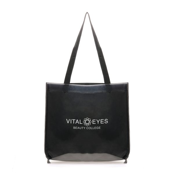 Durable and stylish transparent fabric shopper, constructed from a blend of polyester and Thermoplastic Polyurethane (TPU). This transparent bag is water-resistant, with a black polyester backing that enhances style.