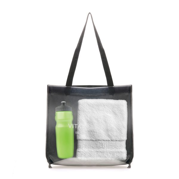 Durable and stylish transparent fabric shopper, constructed from a blend of polyester and Thermoplastic Polyurethane (TPU). This transparent bag is water-resistant, with a black polyester backing that enhances style.