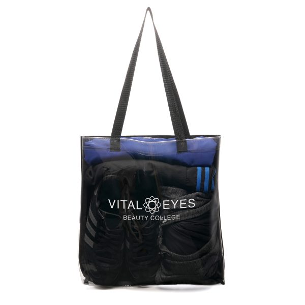 Durable and stylish transparent fabric shopper, constructed from a blend of polyester and Thermoplastic Polyurethane (TPU). This transparent bag is water-resistant, with a black polyester backing that enhances style.