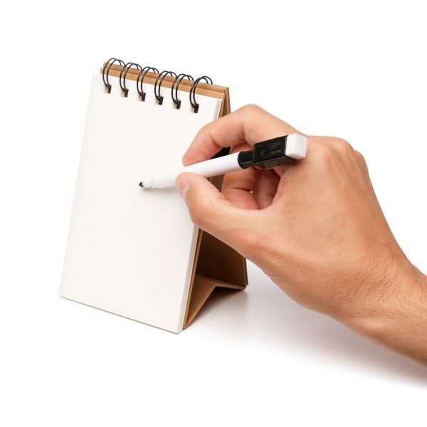 Crafted from widely recycled materials, this versatile spiral notepad comes with a board marker, making it perfect for jotting down notes on your desk or on the go. Personalised with your logo makes it an excellent giveaway option for trade shows, exhibitions, or promotional events.