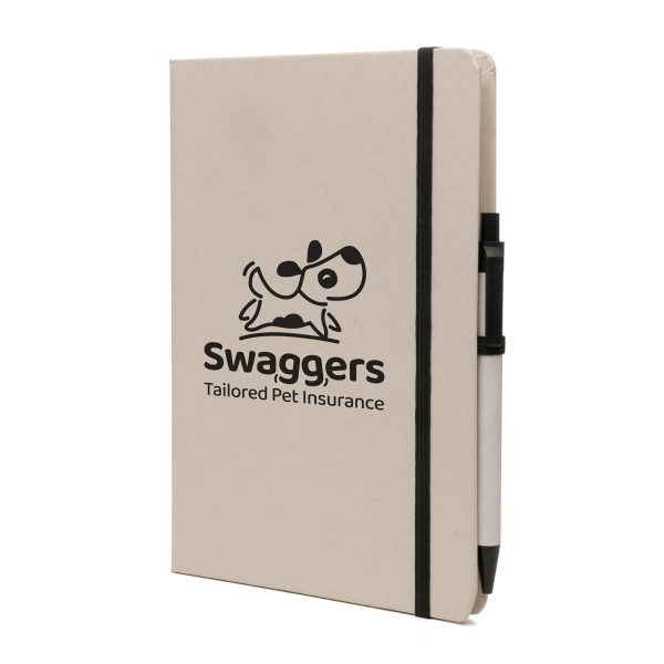 2-in-1 recycled milk carton A5 notebook set includes a matching ball pen made from recycled milk carton and ABS cap. Featuring 80 plain milk carton sheets with pen loop, ribbon and an elastic closure to keep your notes secure.