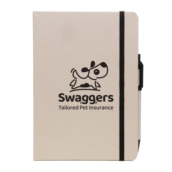 2-in-1 recycled milk carton A5 notebook set includes a matching ball pen made from recycled milk carton and ABS cap. Featuring 80 plain milk carton sheets with pen loop, ribbon and an elastic closure to keep your notes secure.