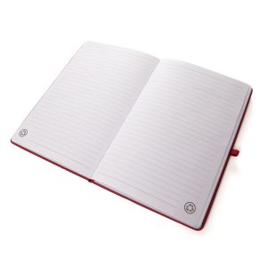 A5 notebook features a stylish fruit paper cover, recycled inner pages, recycled elastic closure, recycled ribbon and pen loop. It's compact and functional, with a variety of colours available to complement your branding.