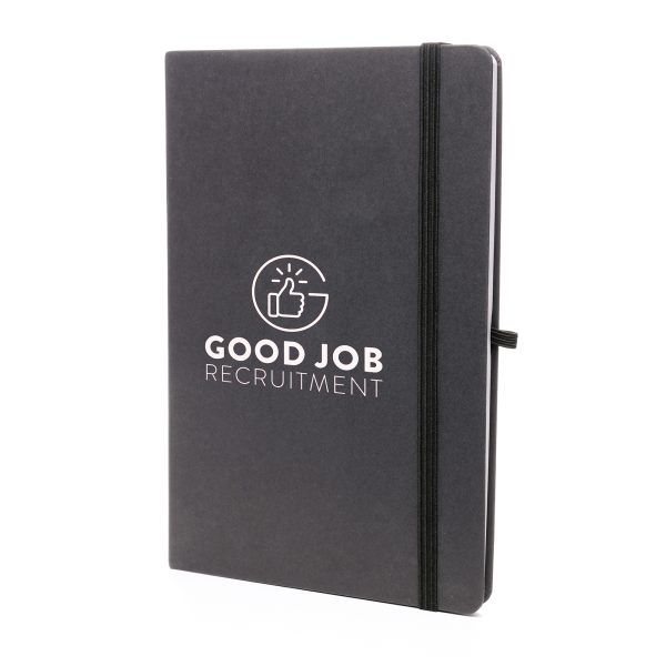 A5 notebook features a stylish fruit paper cover, recycled inner pages, recycled elastic closure, recycled ribbon and pen loop. It's compact and functional, with a variety of colours available to complement your branding.