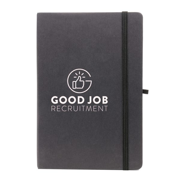 A5 notebook features a stylish fruit paper cover, recycled inner pages, recycled elastic closure, recycled ribbon and pen loop. It's compact and functional, with a variety of colours available to complement your branding.