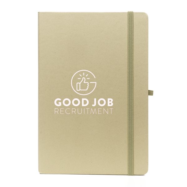 A5 notebook features a stylish fruit paper cover, recycled inner pages, recycled elastic closure, recycled ribbon and pen loop. It's compact and functional, with a variety of colours available to complement your branding.