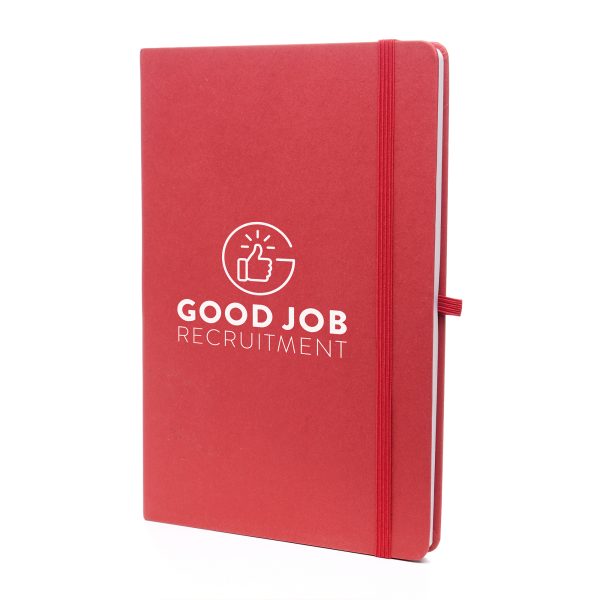 A5 notebook features a stylish fruit paper cover, recycled inner pages, recycled elastic closure, recycled ribbon and pen loop. It's compact and functional, with a variety of colours available to complement your branding.