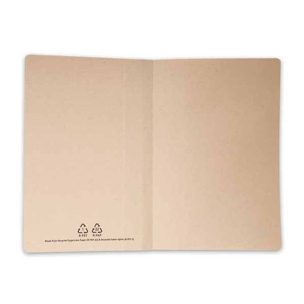 A5 sugarcane notebook made from 100% recycled materials with 80 recycled sugarcane lined sheets, recycled sugarcane hardcover and recycled fabric spine. Ideal for taking notes and brainstorming.