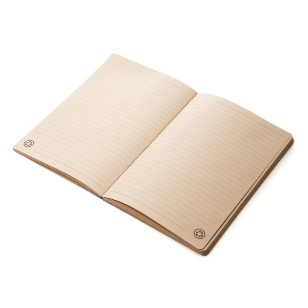 A5 sugarcane notebook made from 100% recycled materials with 80 recycled sugarcane lined sheets, recycled sugarcane hardcover and recycled fabric spine. Ideal for taking notes and brainstorming.