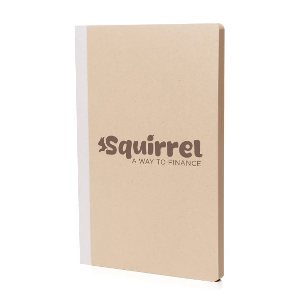 A5 sugarcane notebook made from 100% recycled materials with 80 recycled sugarcane lined sheets, recycled sugarcane hardcover and recycled fabric spine. Ideal for taking notes and brainstorming.