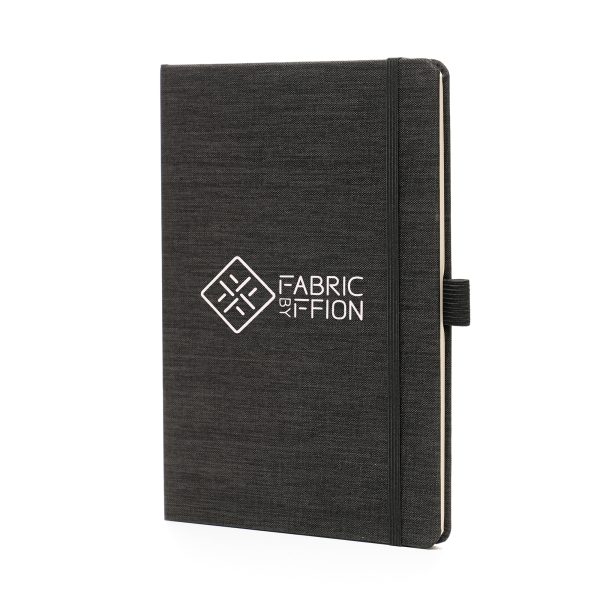 A5 RPET notebook featuring 80 sheets of wood pulp recycled lined paper with pre-printed recycled message, bookmark ribbon, pen loop and elastic closure to keep the pages secure.